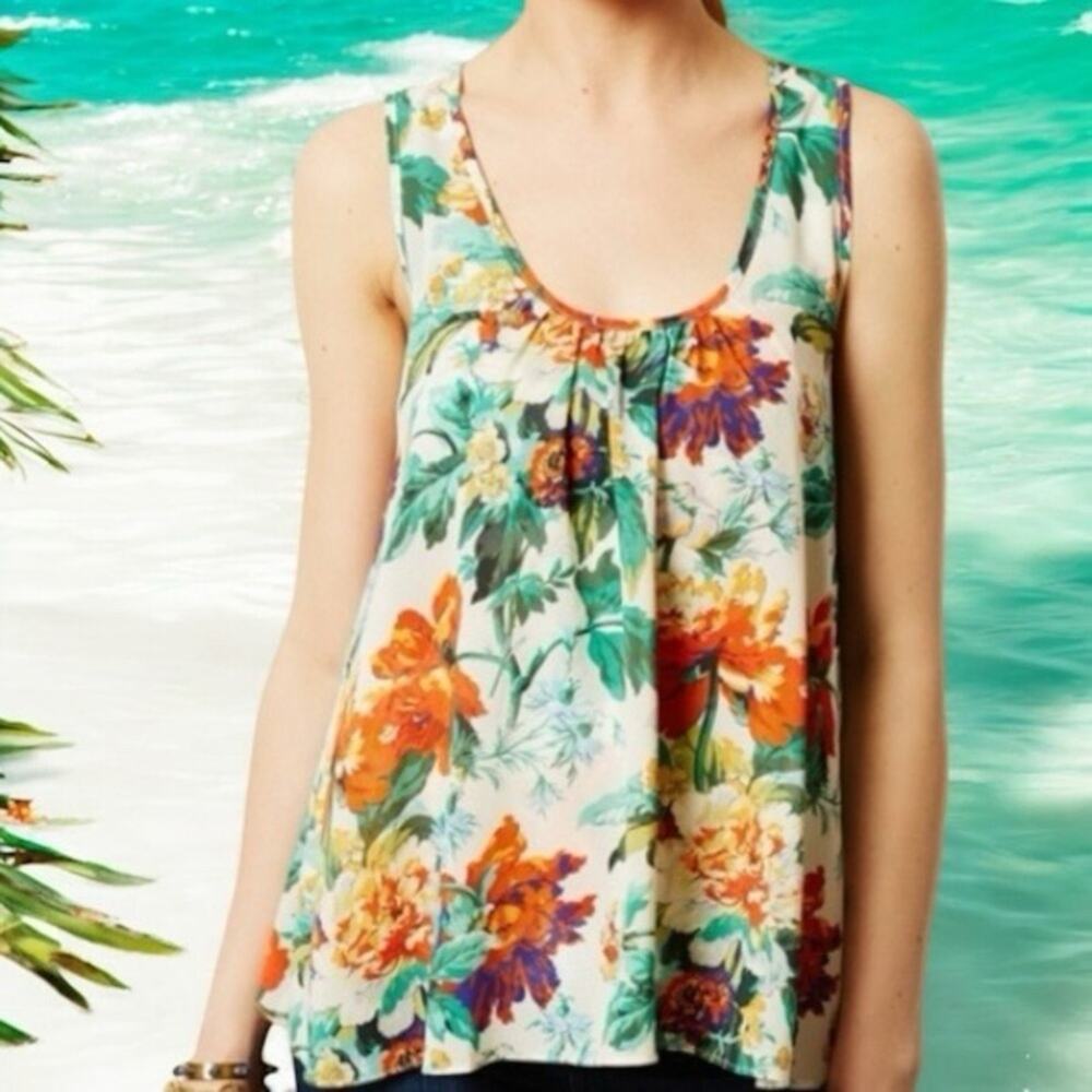 Anthropologie Meadow Rue Embrace vibrant Floral Orange Tropical Tank Size small